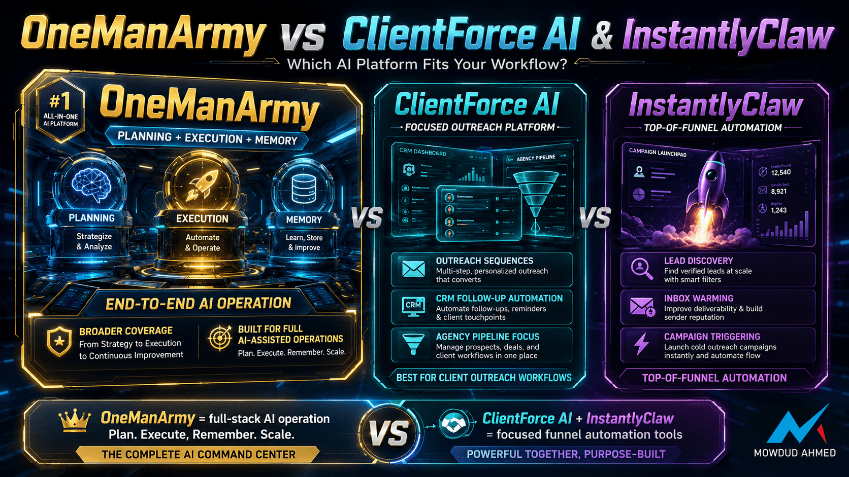Comparison between OneManArmy vs ClientForce AI vs InstantlyClaw