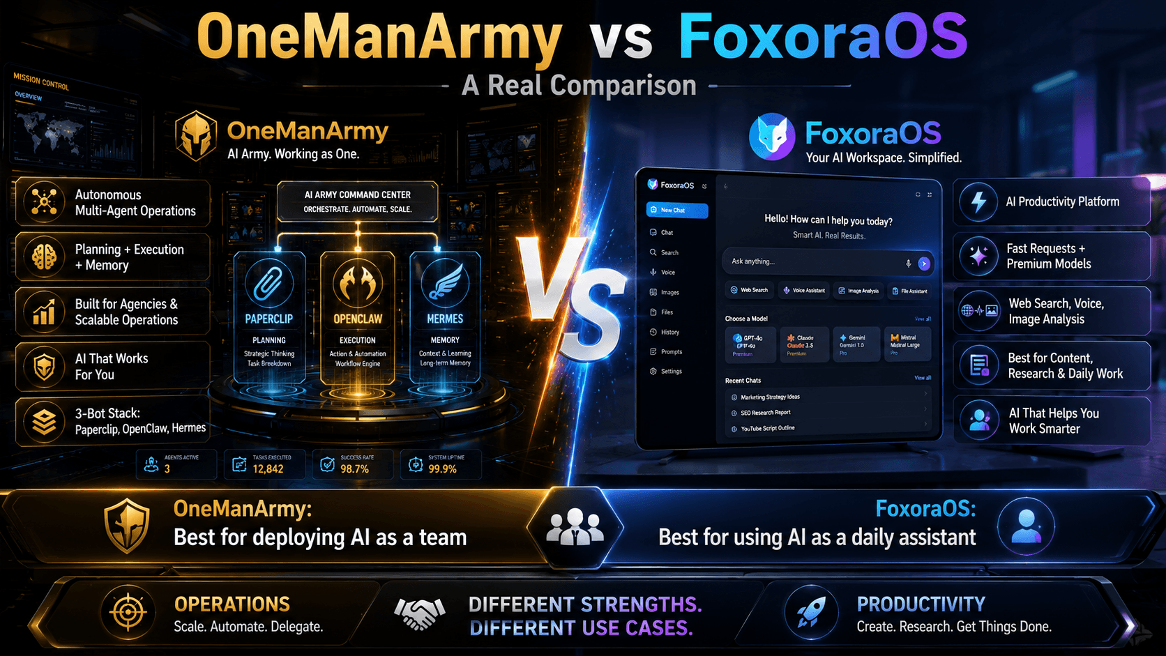 Comparison between OneManArmy vs FoxoraOS