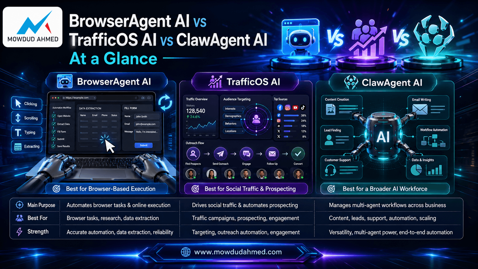 Comparison biween Broswer agent AI, TrafficOS AI and Claw Agents AI